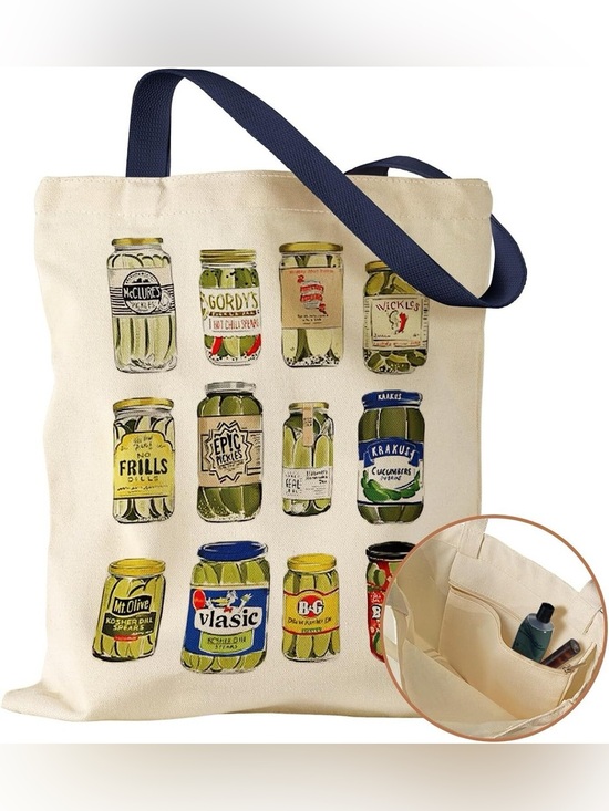 Handbags - Aesthetic Canvas Tote Bag with Inner Pocket for Women, Cloth Canned Pickle